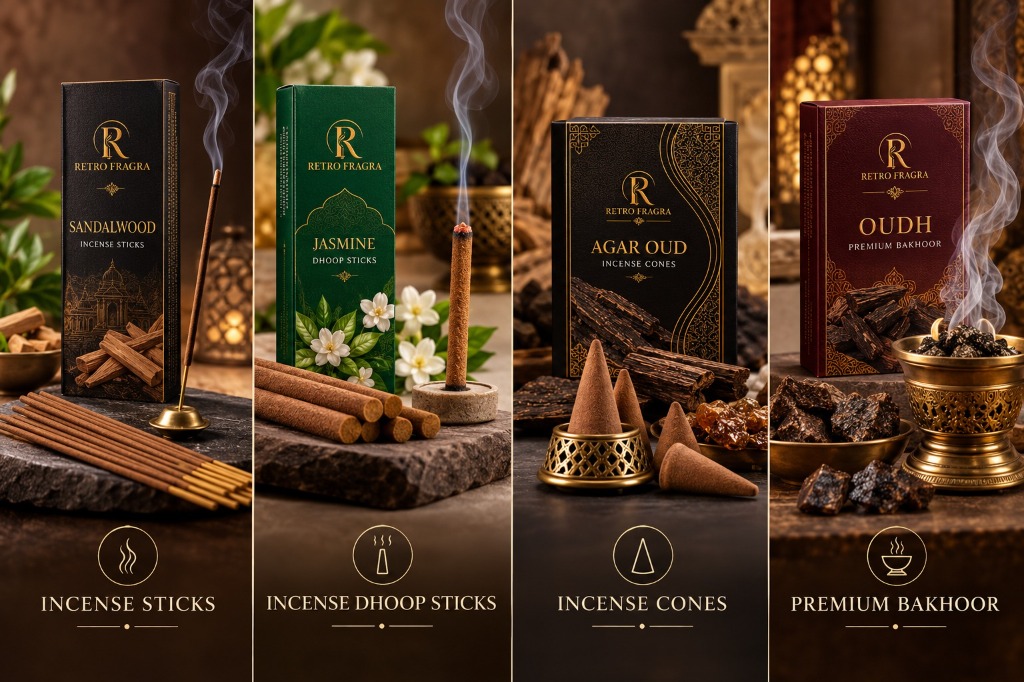 RetroFragra 4 Fragrance Pillars - Handcrafted Indian Agarbatti, Dhoop, Cones & Bakhoor