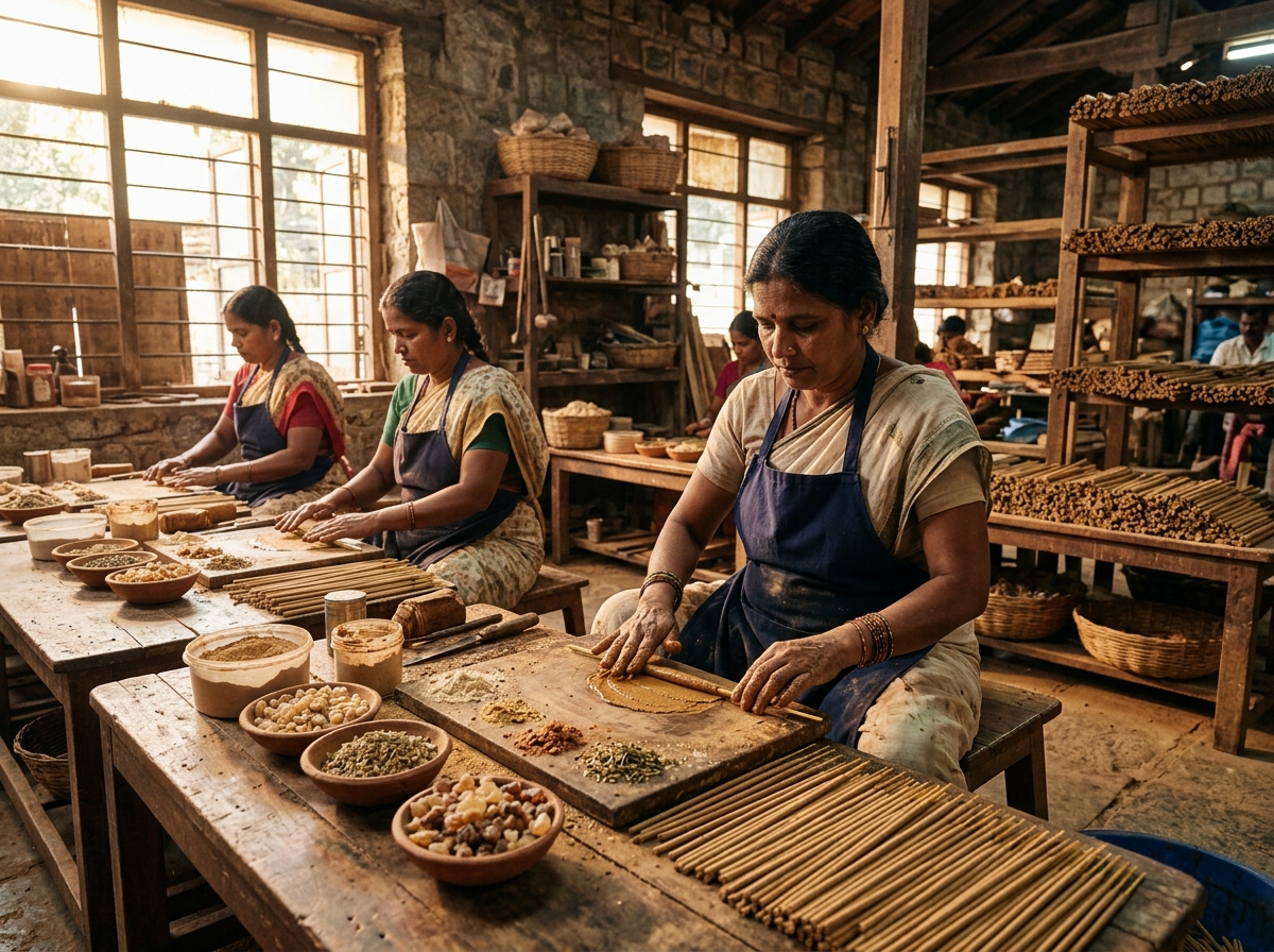 RetroFragra Master Artisans Hand-Rolling Botanical Incense Sticks in Bangalore, India